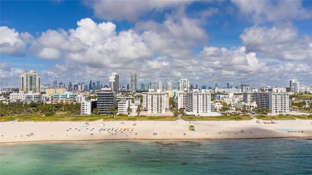 aerial view featuring a water view and a beach view