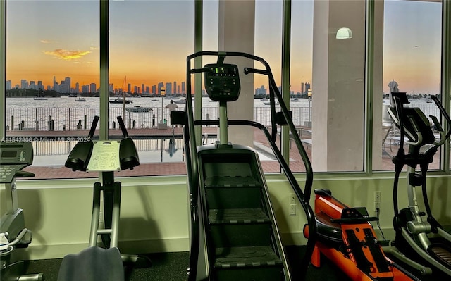 exercise room with a water view and plenty of natural light