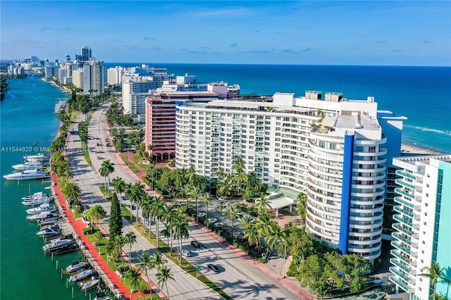 bird's eye view with a water view