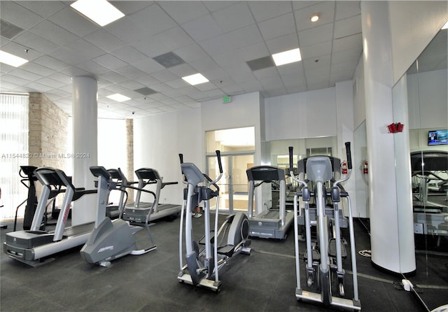 workout area featuring a healthy amount of sunlight and a drop ceiling