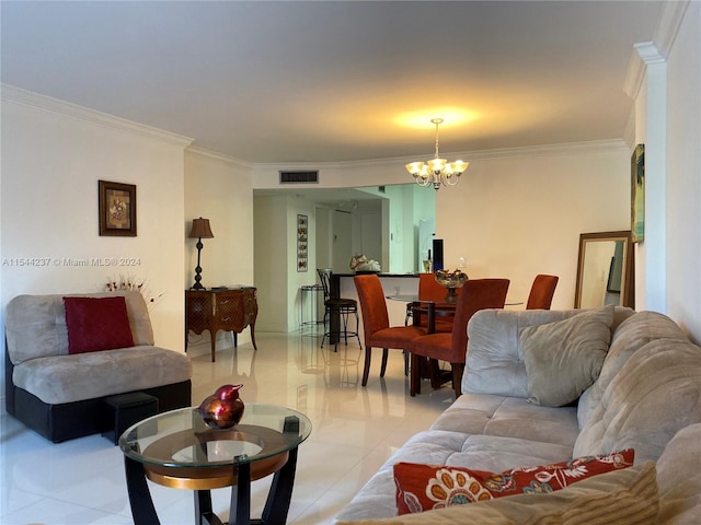 living room featuring light tile patterned flooring, crown molding, and a notable chandelier