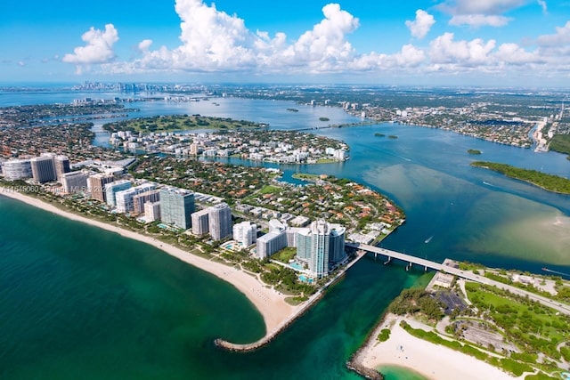 bird's eye view with a water view