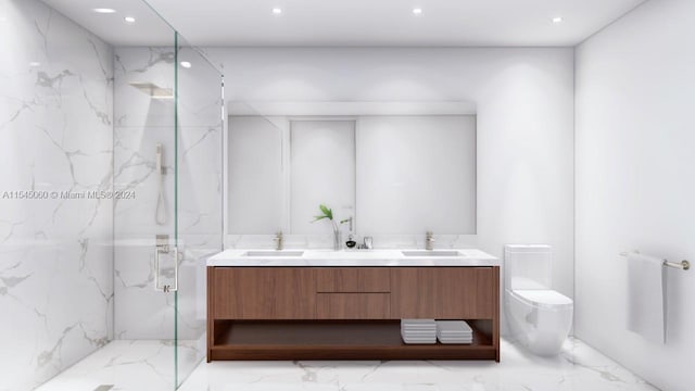 bathroom with toilet, vanity, and an enclosed shower