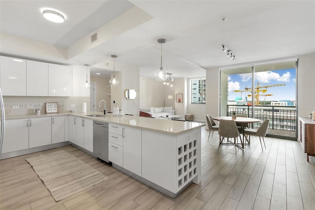 kitchen with stainless steel dishwasher, white cabinetry, sink, hanging light fixtures, and track lighting