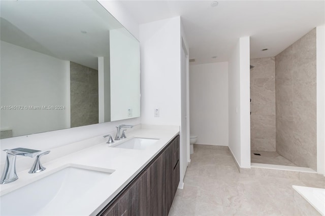 bathroom with vanity, toilet, and a tile shower