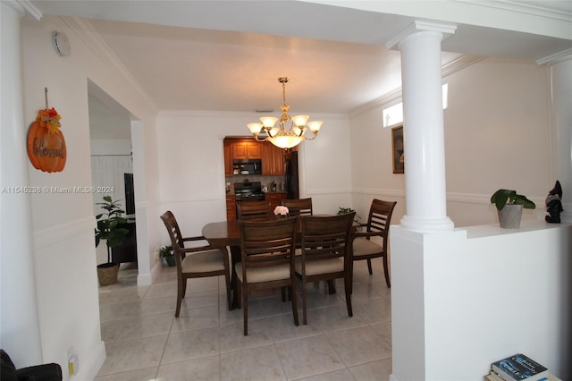 tiled dining room featuring crown molding and a chandelier