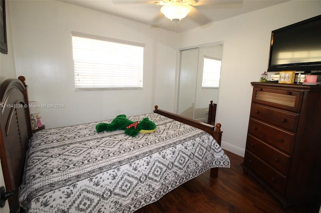 bedroom with ceiling fan, dark hardwood / wood-style floors, and a closet