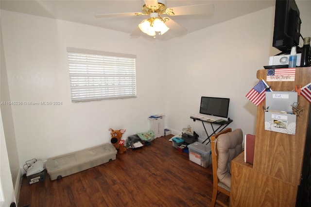 office with hardwood / wood-style floors and ceiling fan