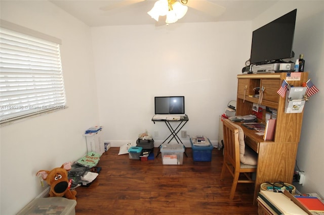 office area featuring ceiling fan and dark hardwood / wood-style flooring