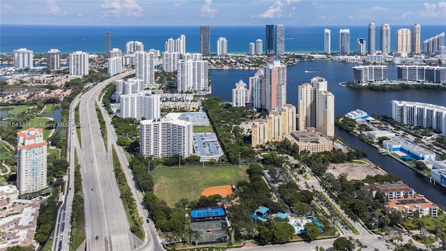 aerial view featuring a water view