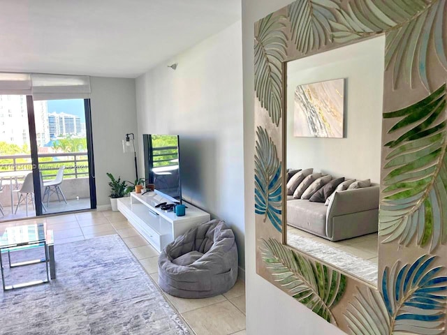 living room featuring light tile floors