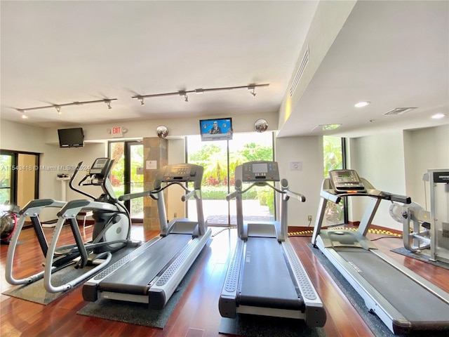 gym featuring wood-type flooring and track lighting