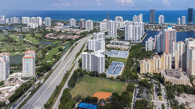 bird's eye view with a water view