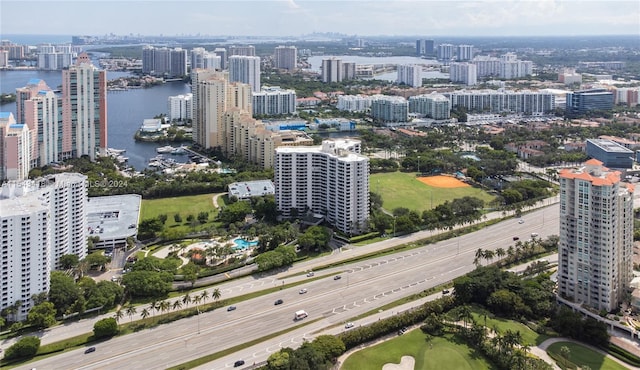 bird's eye view with a water view