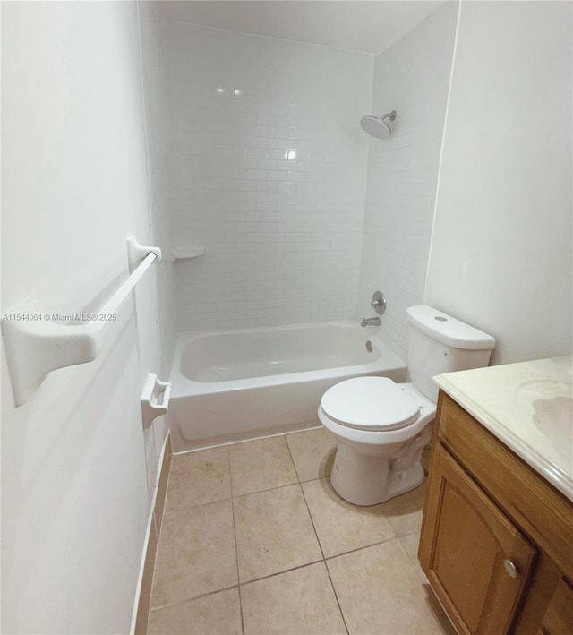 full bathroom with vanity, toilet, tiled shower / bath combo, and tile patterned flooring