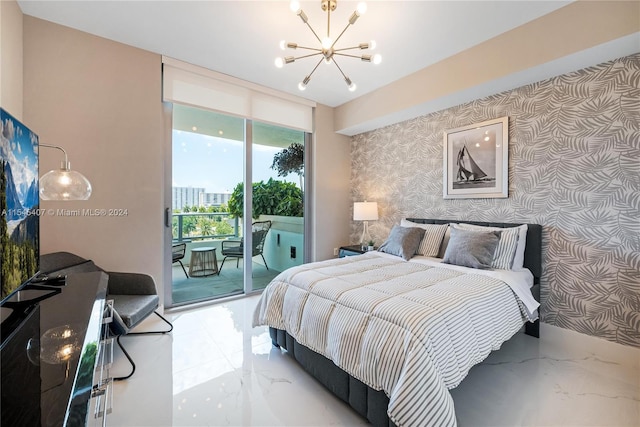 tiled bedroom featuring access to exterior and a notable chandelier