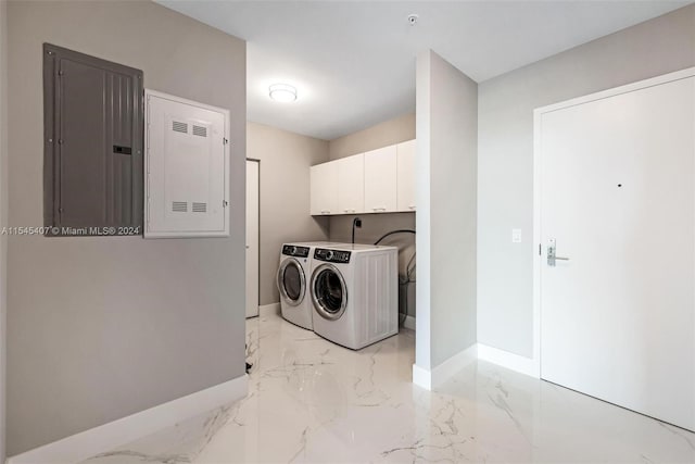 laundry room with washing machine and clothes dryer, cabinets, electric dryer hookup, and light tile floors