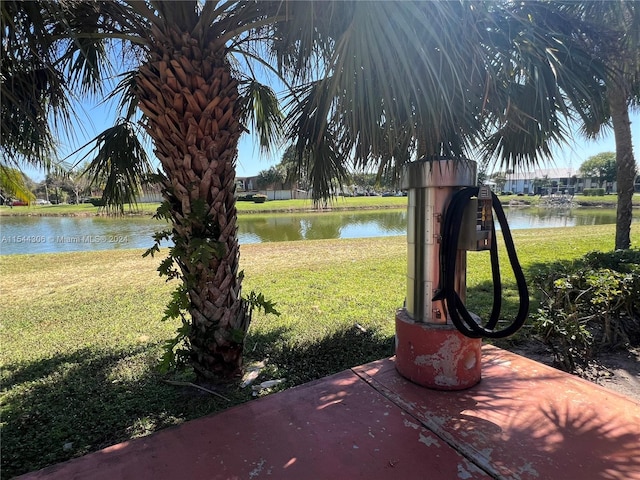 view of nearby features with a lawn and a water view