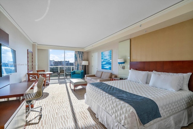 bedroom featuring expansive windows and ornamental molding