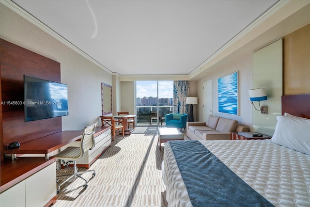 bedroom with crown molding and expansive windows