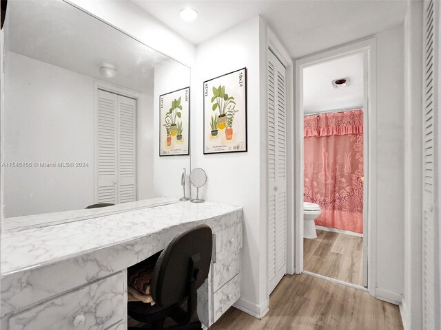 bathroom with toilet, vanity, and wood-type flooring