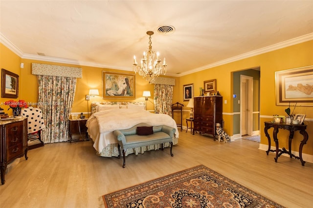 bedroom featuring ornamental molding, a chandelier, and light wood-type flooring