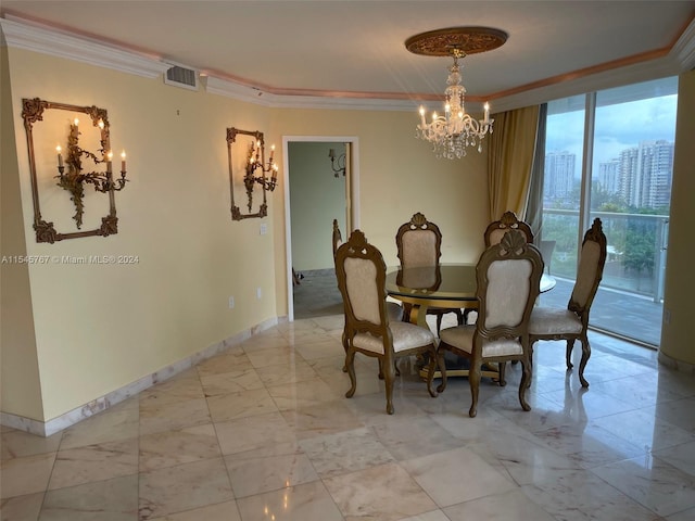 dining space with an inviting chandelier and ornamental molding