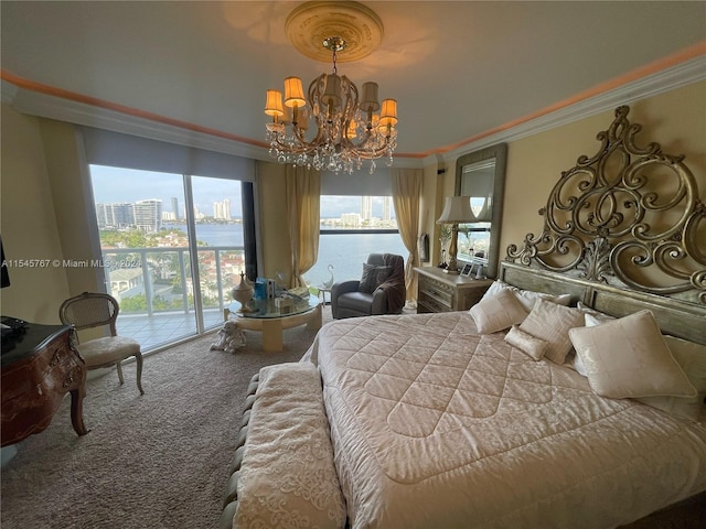 bedroom with access to exterior, a chandelier, carpet flooring, crown molding, and a water view