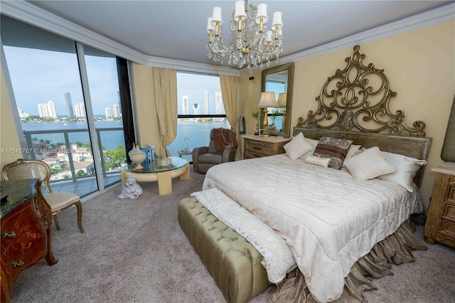 bedroom with a water view, carpet, and ornamental molding