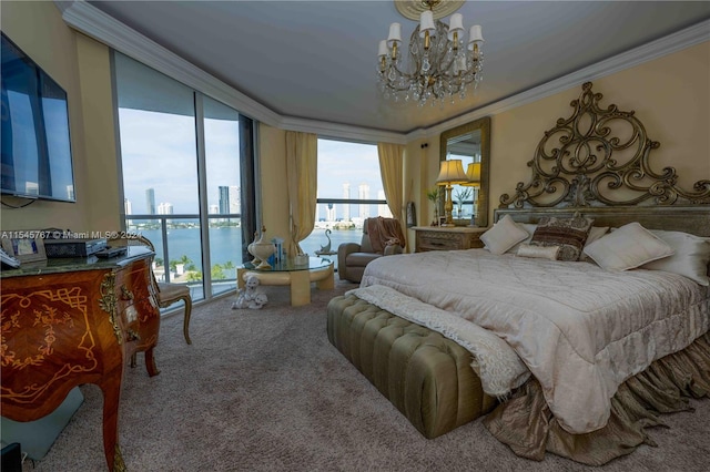 bedroom featuring carpet floors, crown molding, a notable chandelier, a wall of windows, and a water view