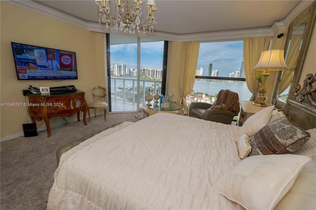 carpeted bedroom featuring a notable chandelier and ornamental molding