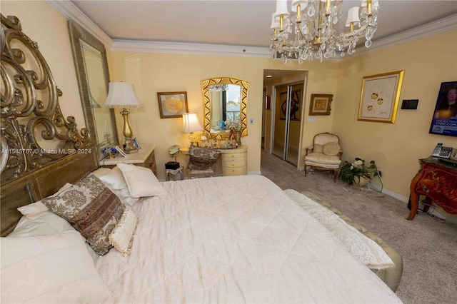 carpeted bedroom with crown molding and a chandelier