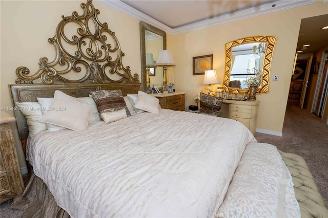 bedroom featuring ornamental molding and carpet