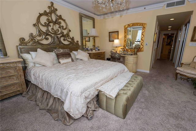 bedroom with crown molding and carpet floors