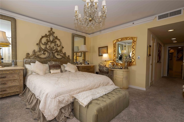 bedroom featuring a notable chandelier, carpet flooring, and ornamental molding