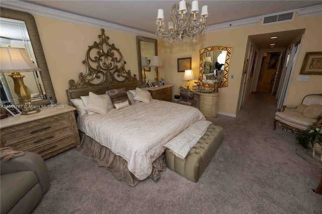 bedroom with an inviting chandelier, ornamental molding, and carpet