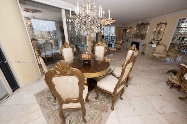 dining space with ornamental molding and a notable chandelier