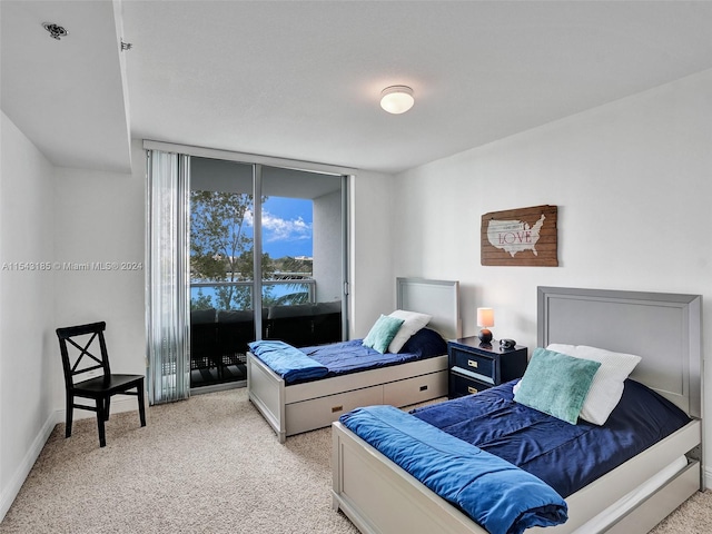 bedroom with a water view, light colored carpet, and access to exterior