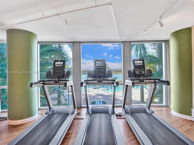 workout area with track lighting, a textured ceiling, dark wood-type flooring, and floor to ceiling windows