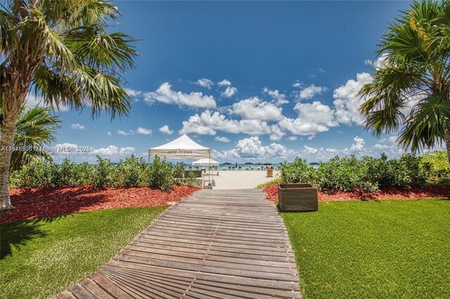 view of community featuring a yard and a dock