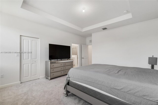 carpeted bedroom with a tray ceiling and a closet