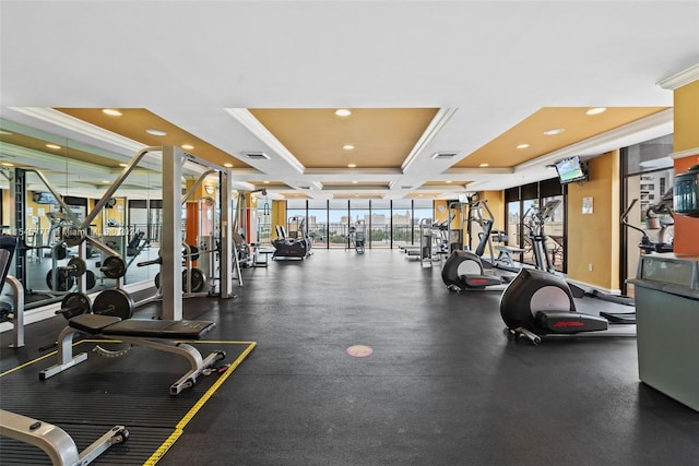 workout area featuring expansive windows, crown molding, and a raised ceiling