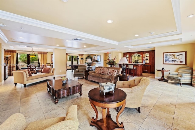 tiled living room featuring crown molding and a raised ceiling