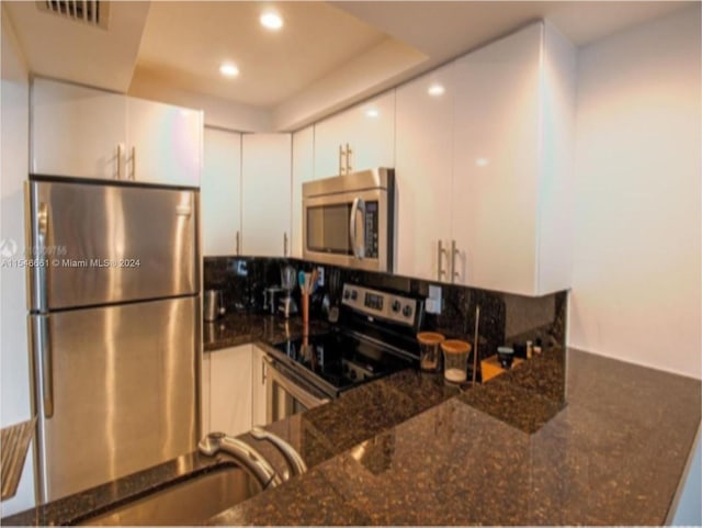 kitchen with a tray ceiling, white cabinetry, dark stone counters, and stainless steel appliances