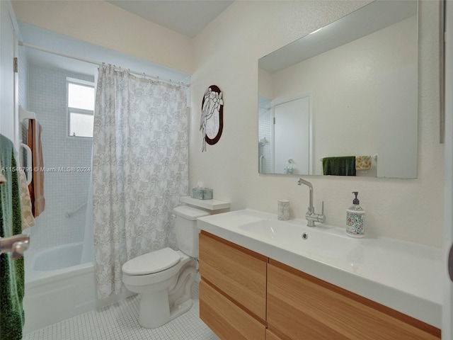 full bathroom with toilet, large vanity, shower / tub combo with curtain, and tile flooring