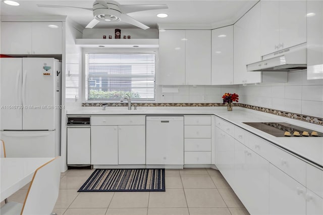 kitchen featuring tasteful backsplash, white appliances, ceiling fan, and white cabinetry