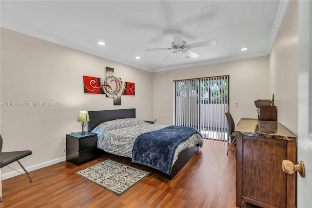 bedroom featuring crown molding, access to exterior, ceiling fan, and dark hardwood / wood-style flooring