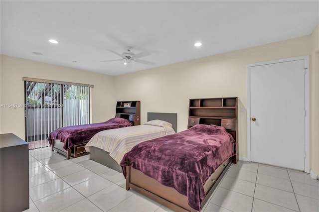 bedroom with light tile flooring, ceiling fan, and access to outside