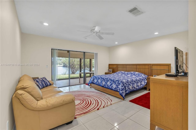 tiled bedroom with access to exterior and ceiling fan