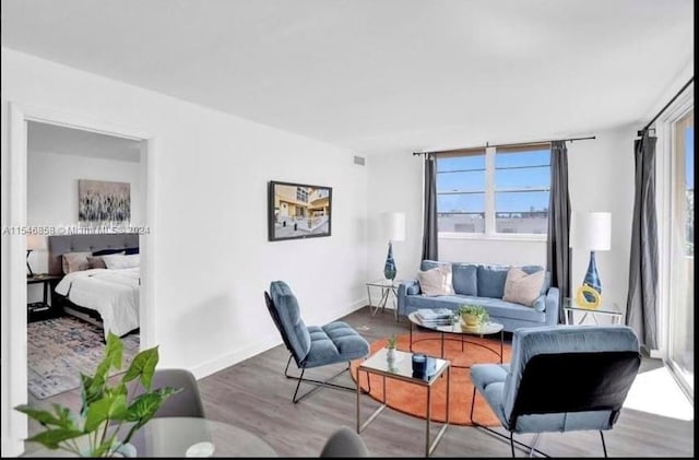 living room featuring dark wood-type flooring